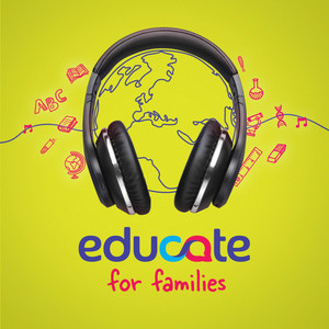Fone com ilustrações e com o nome do podcast Educate for families.