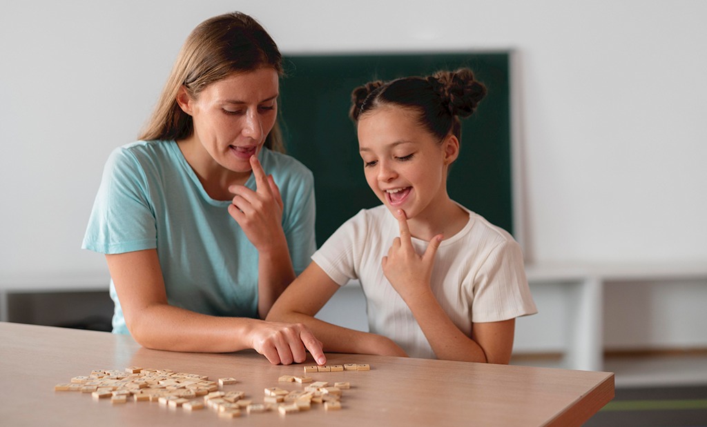 Professora ensinando técnicas de Speaking para aluna em sala de aula usando jogos.