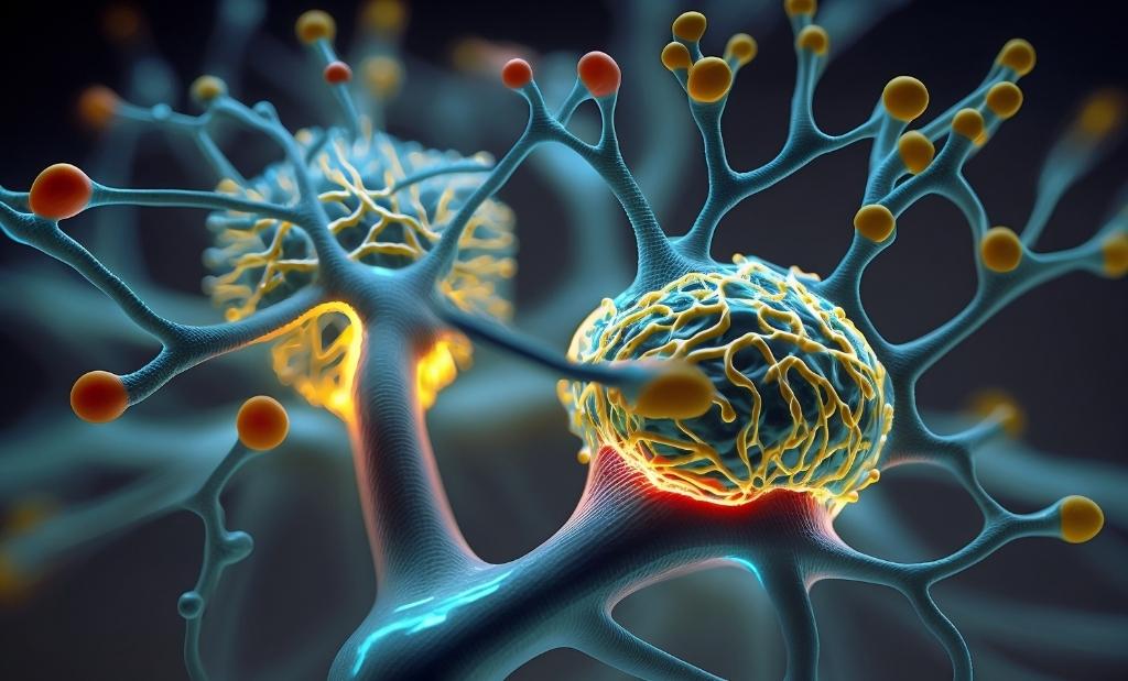 Representação visual de sinapses neurais conectando-se em um processo dinâmico, simbolizando a neuroplasticidade e a capacidade do cérebro de formar novas conexões.